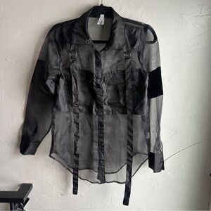 Edgy Black Sheer Organza Button-Up Shirt with Straps‎ Gothic Punk Utilitarian S